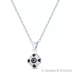 Tiny Evil Eye Charm Glass Bead Pendant in .925 Sterling Silver  - Solid Black